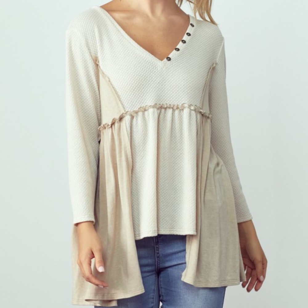 078 Boho Color Block 3/4 Sleeve babydoll Top - Picture 5 of 5